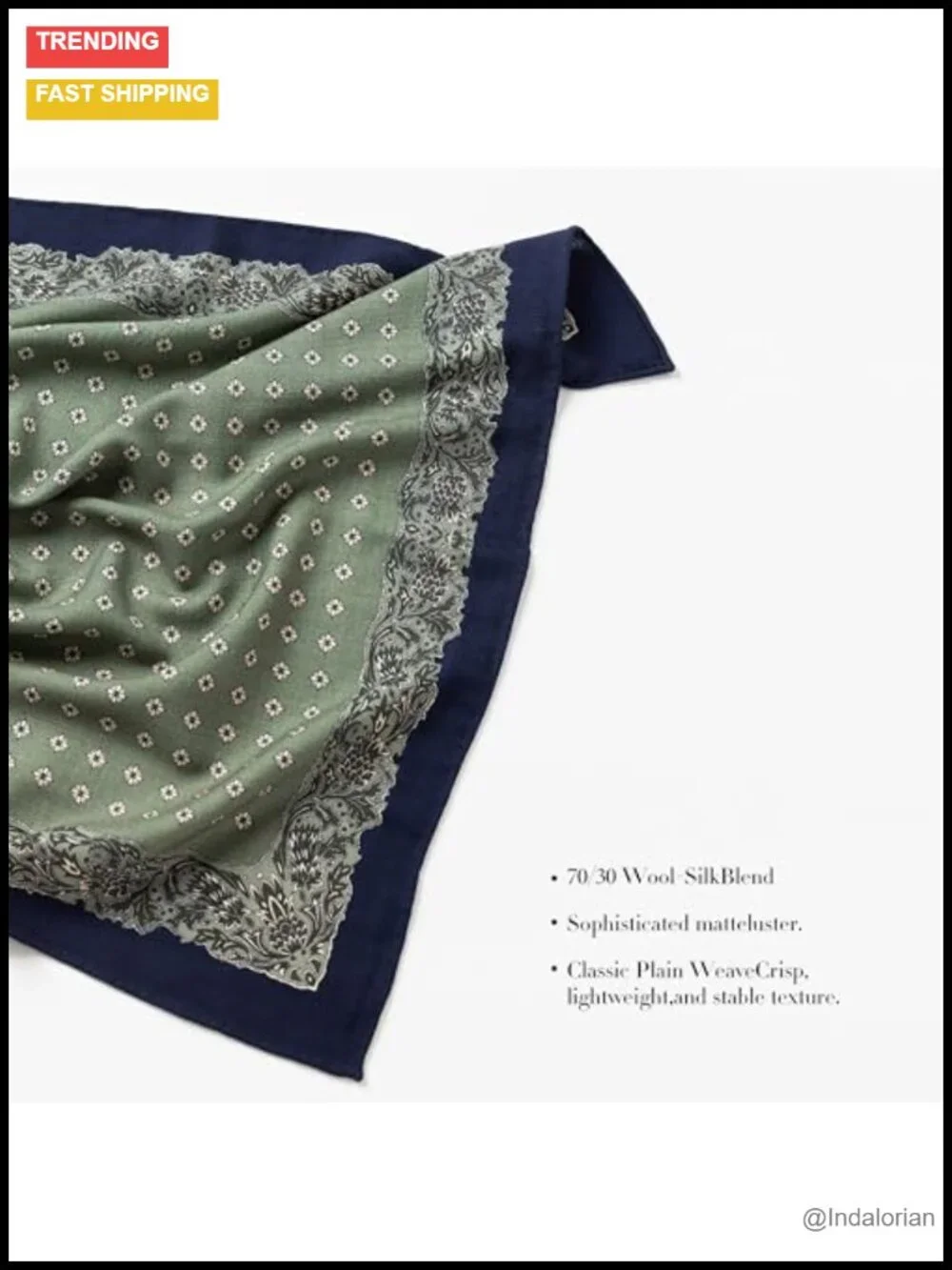 Silk Wool Blend Square Scarf, Hand-Rolled Reversible Neckerchief for Travel &